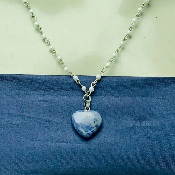 Beaded Chain Necklace With Blue Rhodonite Stone Heart Shape Pendant, Handmade - Picture 5 of 14